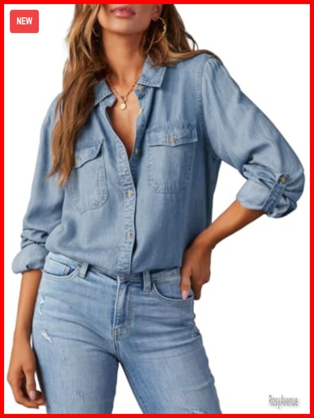 Women's Denim Button Down Shirt Chambray Blouse Long Sleeve